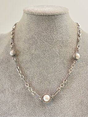 David Yurman Sterling silver Pearl Cable Station Necklace 18"